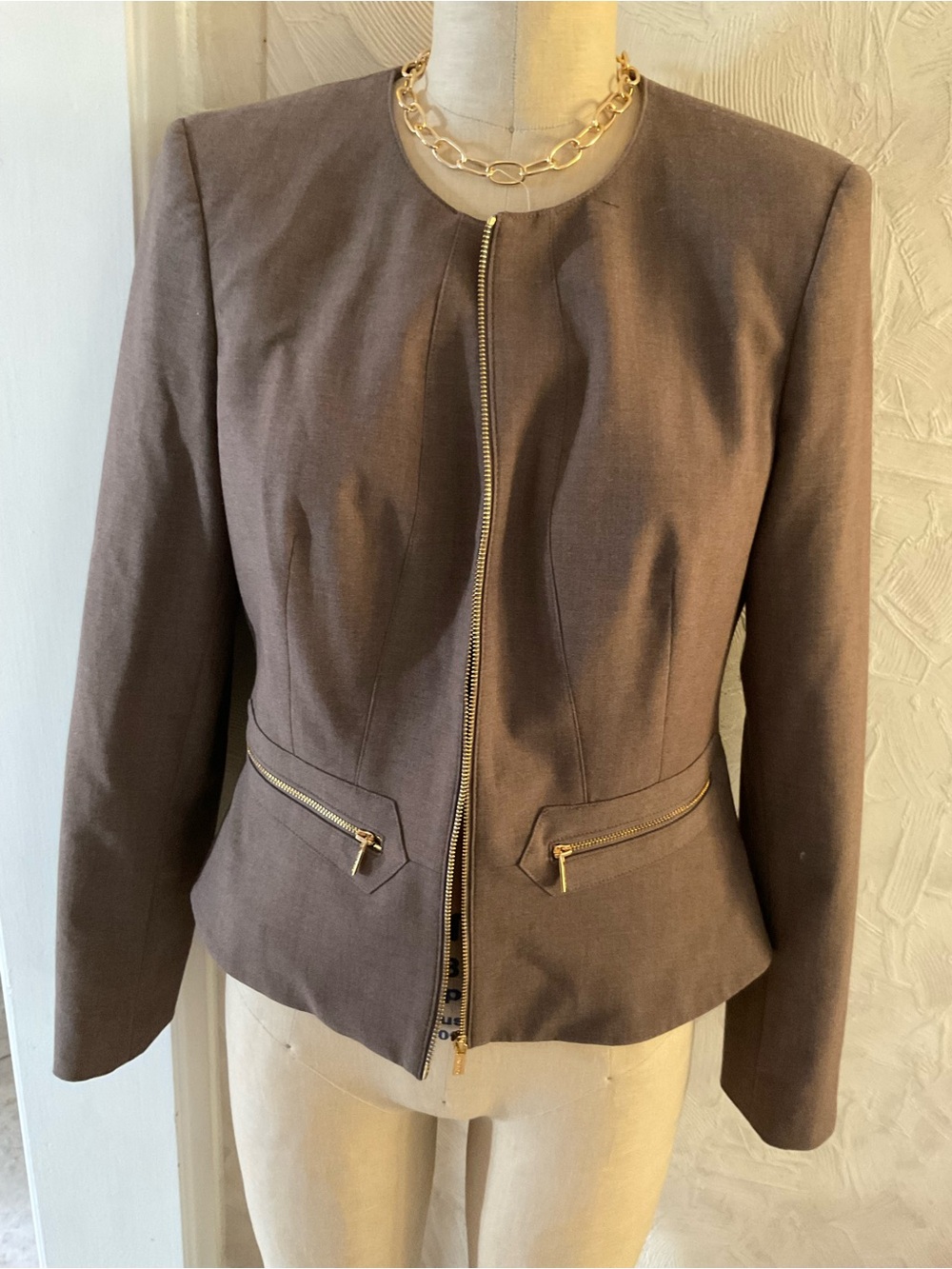 Calvin Klein Brown Zip-Front Blazer with Gold Hardware